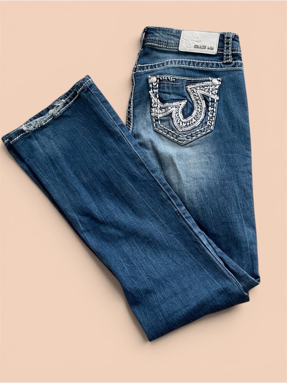 Grace in LA Dark Blue Bootcut Jeans with Embellished Back Pocket